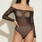 Shimmer Mesh Off-Shoulder One-Piece | Black