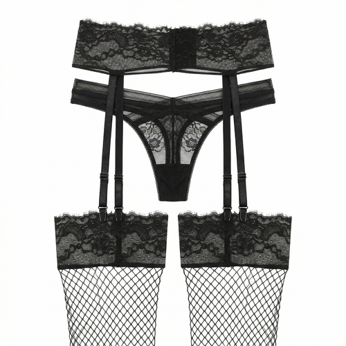 Black lace lingerie set with fishnet stockings on a white background