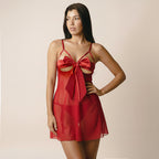 Christmas Satin Bow Sheer Lace Babydoll + Thong | Red