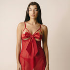 Christmas Satin Bow Sheer Lace Babydoll + Thong | Red