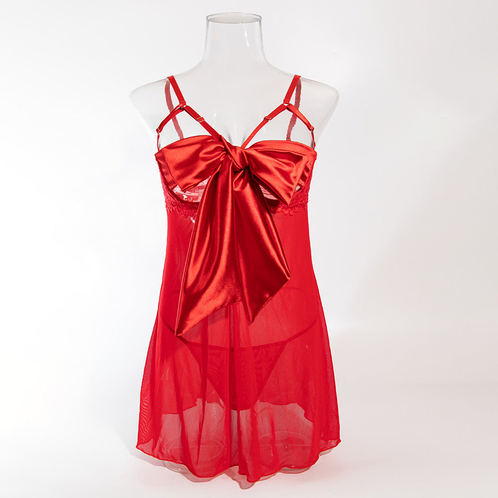 Christmas Satin Bow Sheer Lace Babydoll + Thong | Red