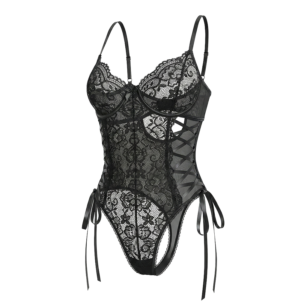 Lace Corset Ribbon Bodysuit | Black