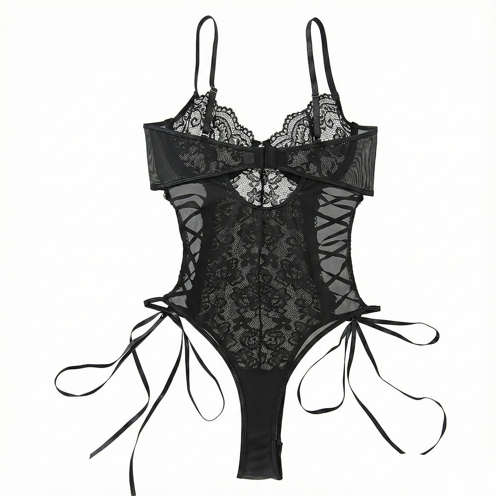 Lace Corset Ribbon Bodysuit | Black