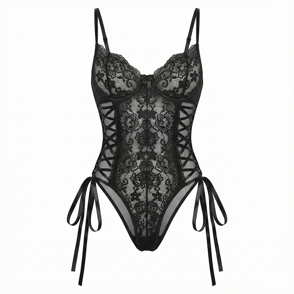 Lace Corset Ribbon Bodysuit | Black