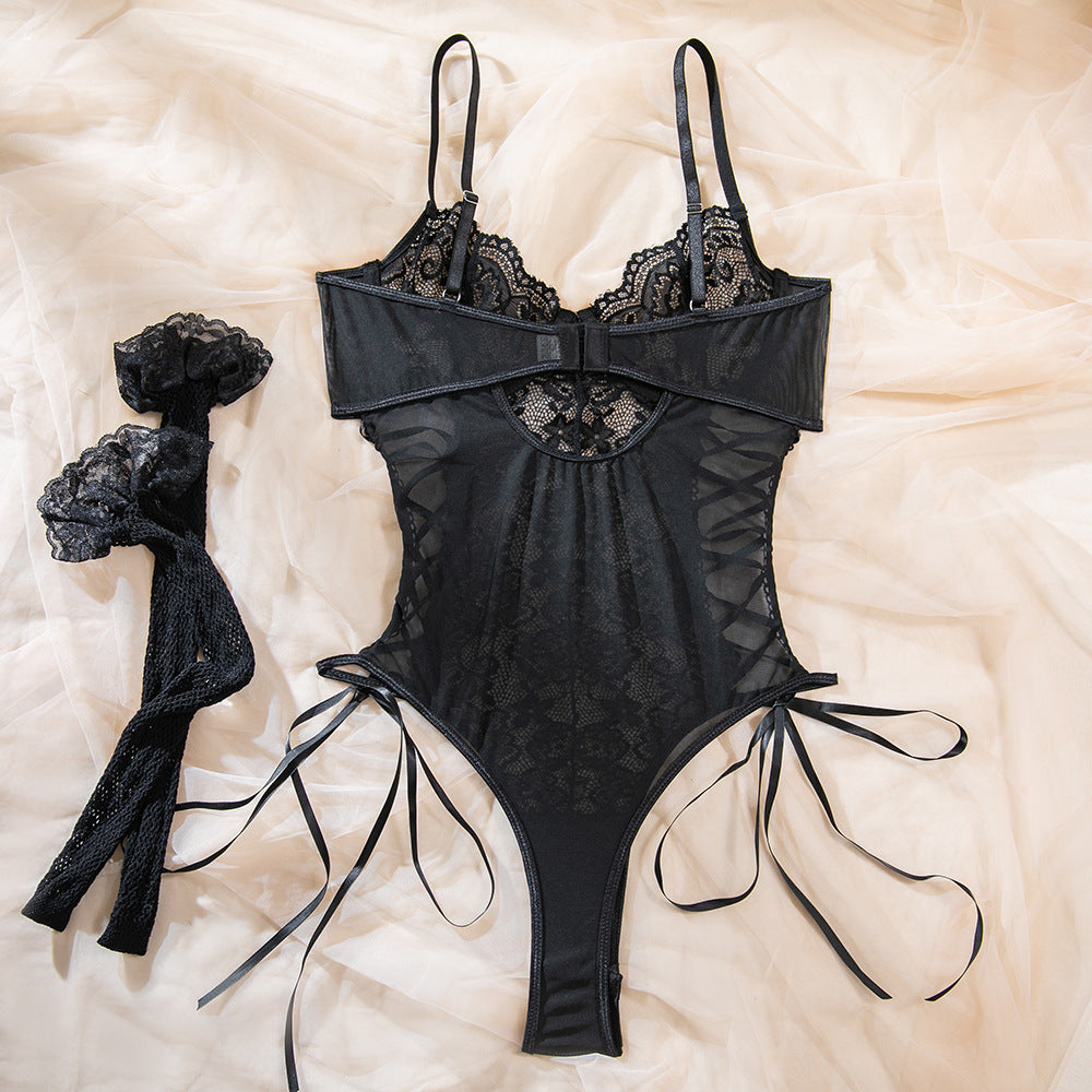 Lace Corset Ribbon Bodysuit | Black