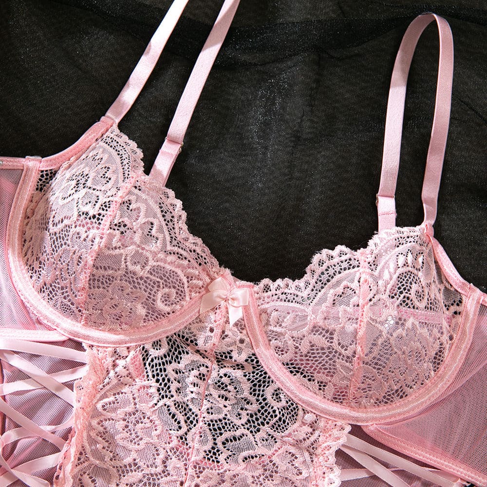 Lace Corset Ribbon Bodysuit | Pink