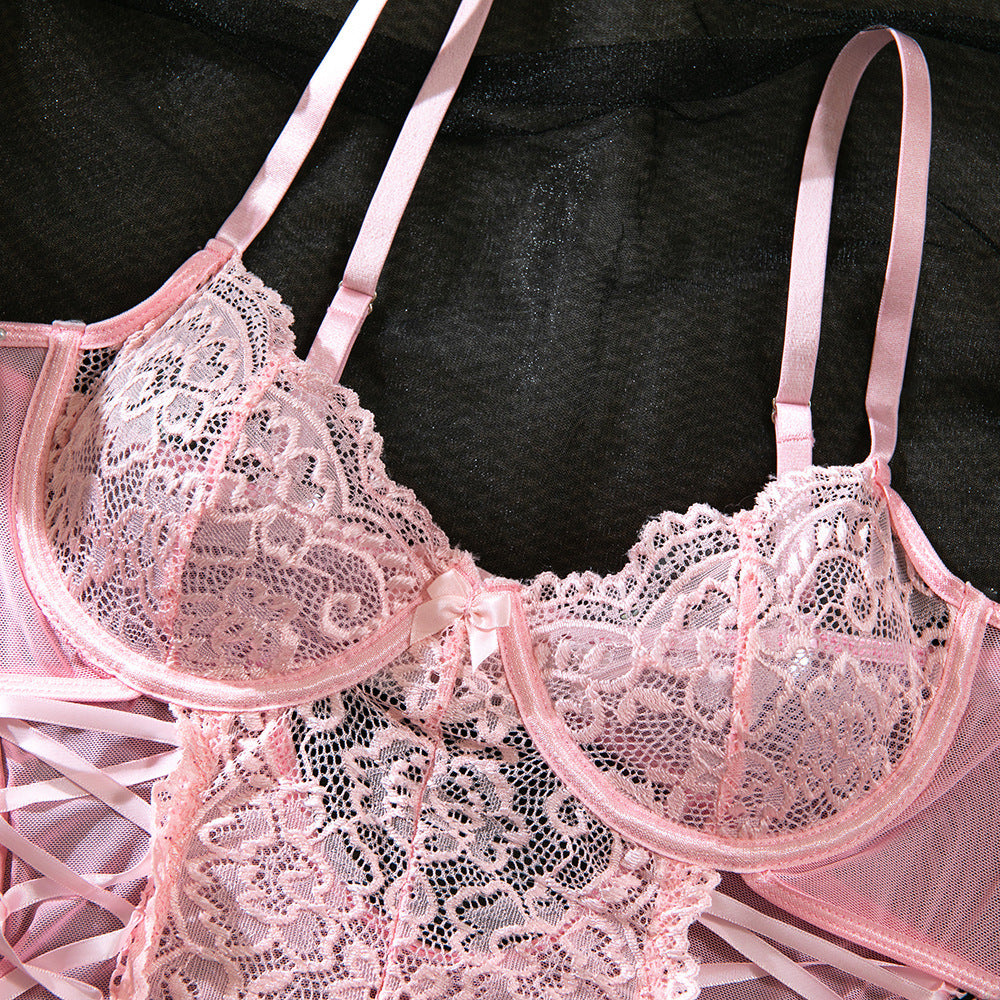 Lace Corset Ribbon Bodysuit | Pink