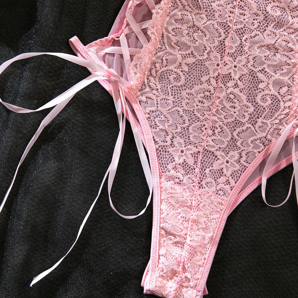 Lace Corset Ribbon Bodysuit | Pink