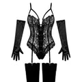 Black lace lingerie set with gloves and stockings on a white background
