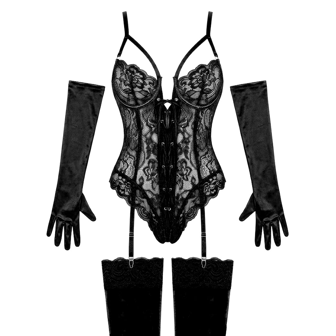 Black lace lingerie set with gloves and stockings on a white background