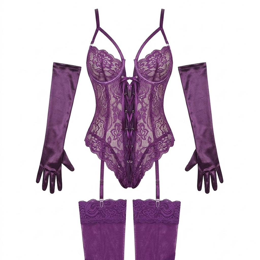 Purple lace lingerie set with matching gloves and stockings on a white background
