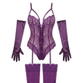 Purple lace lingerie set with matching gloves and stockings on a white background