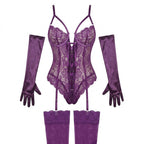 Purple lace lingerie set with matching gloves and stockings on a white background