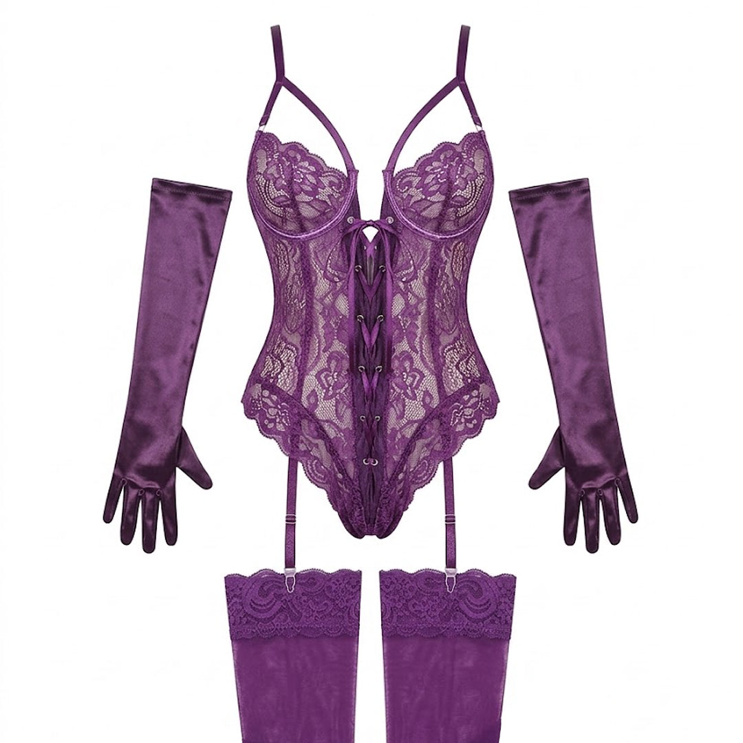 Purple lace lingerie set with matching gloves and stockings on a white background