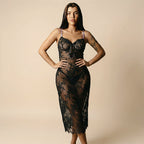 Midnight Sheer Floral Lace Dress + Thong | Black