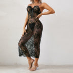 Midnight Sheer Floral Lace Dress + Thong | Black