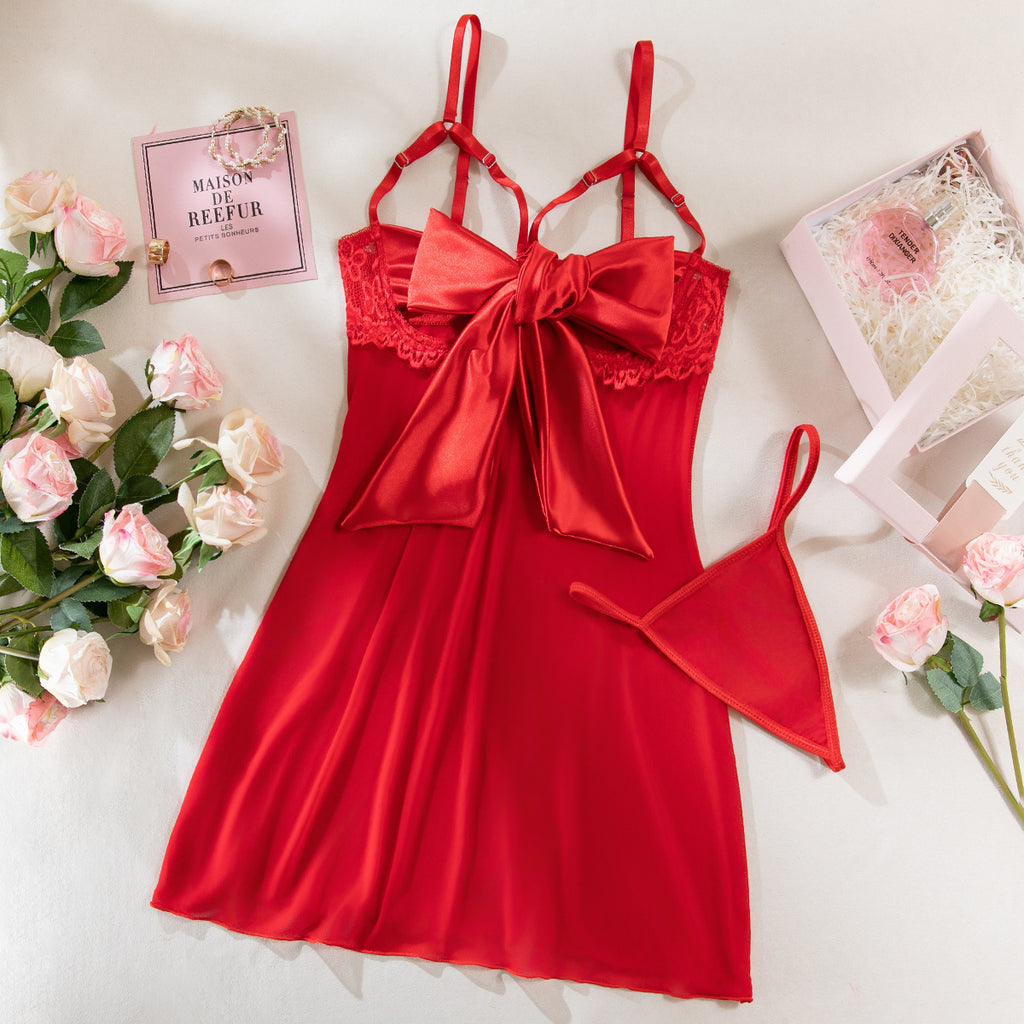 Christmas Satin Bow Sheer Lace Babydoll + Thong | Red