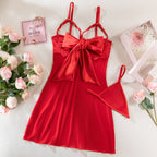 Christmas Satin Bow Sheer Lace Babydoll + Thong | Red