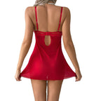 Christmas Satin Bow Sheer Lace Babydoll + Thong | Red