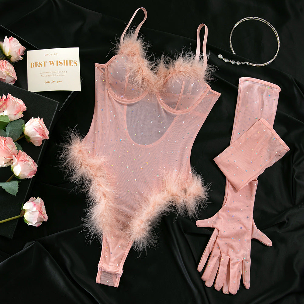 Glam Feather Sparkle Bodysuit | Pink