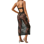 Midnight Sheer Floral Lace Dress + Thong | Black