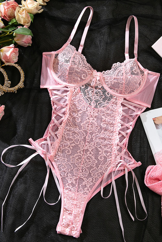Lace Corset Ribbon Bodysuit | Pink
