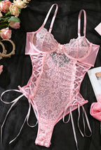 Lace Corset Ribbon Bodysuit | Pink