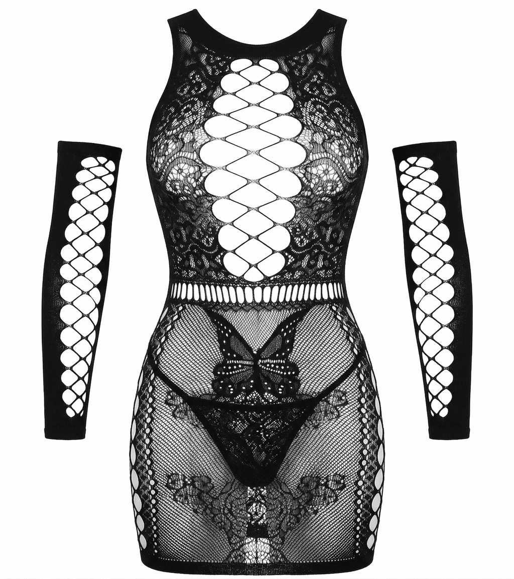 Black lace dress with long sleeves featuring geometric cut-out patterns on a white background