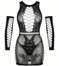Black lace dress with long sleeves featuring geometric cut-out patterns on a white background