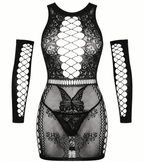 Black lace dress with long sleeves featuring geometric cut-out patterns on a white background