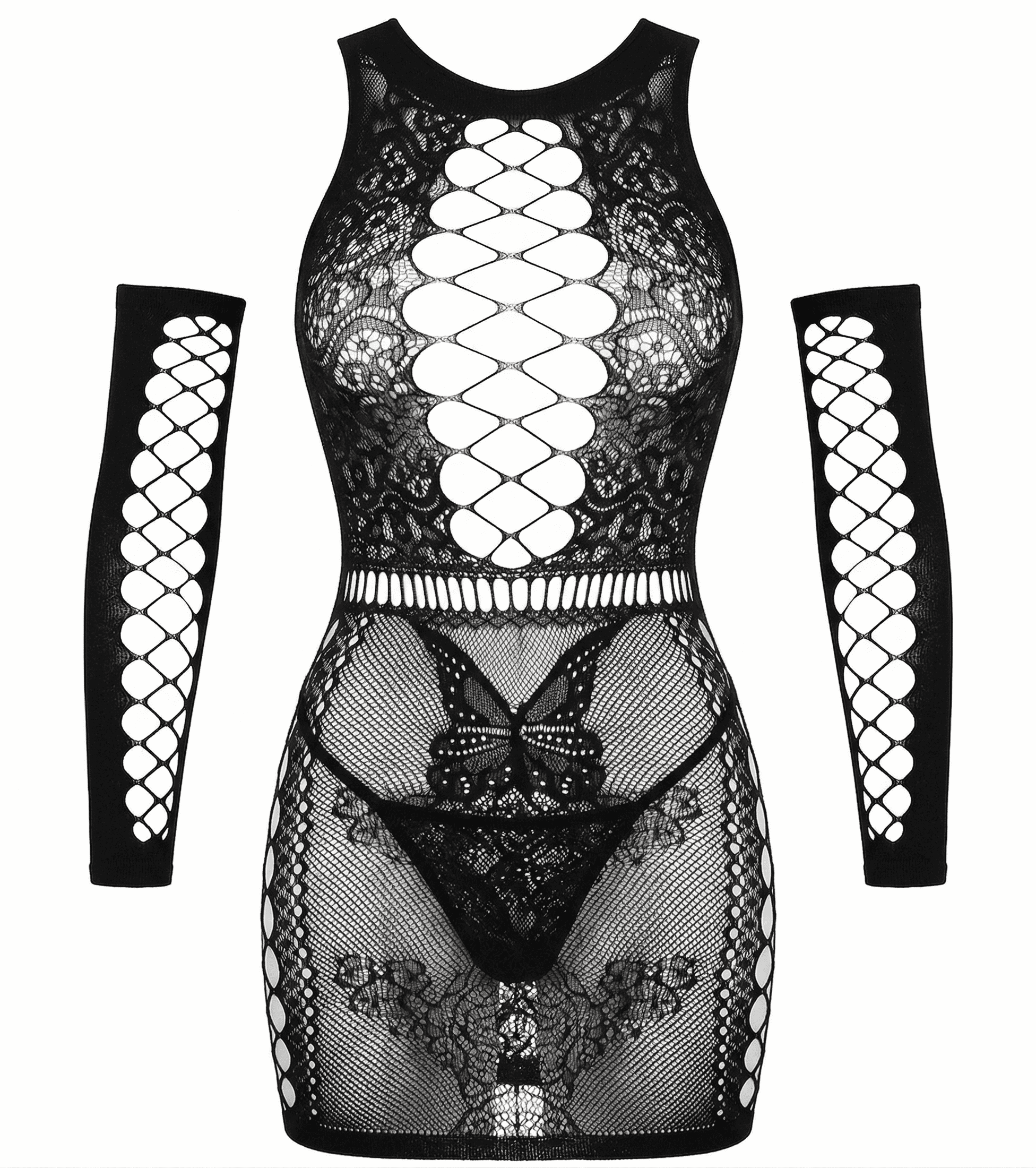 Black lace dress with long sleeves featuring geometric cut-out patterns on a white background