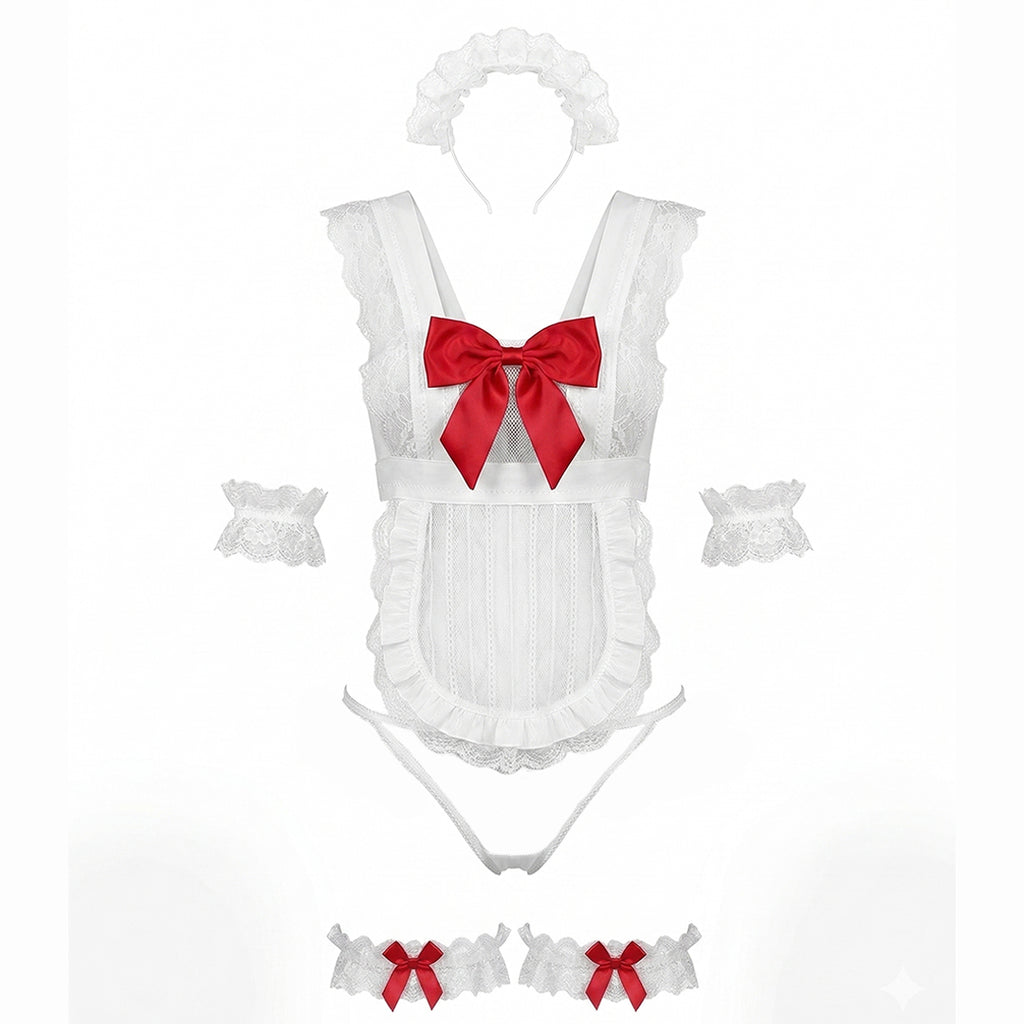 White baby outfit with red bow and matching headband on a white background