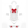 White baby outfit with red bow and matching headband on a white background