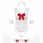 White baby outfit with red bow and matching headband on a white background