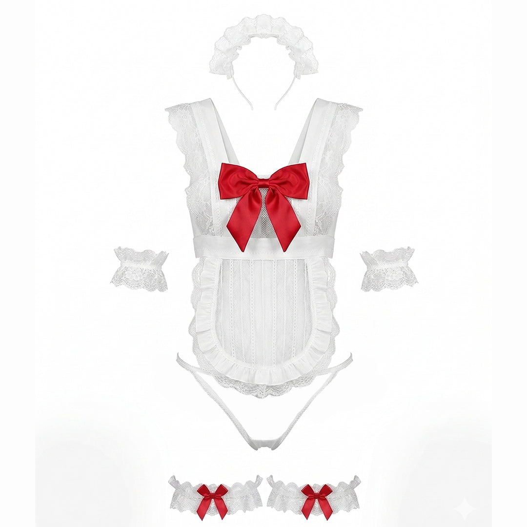 White baby outfit with red bow and matching headband on a white background