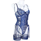 Lace Corset Ribbon Bodysuit | Navy