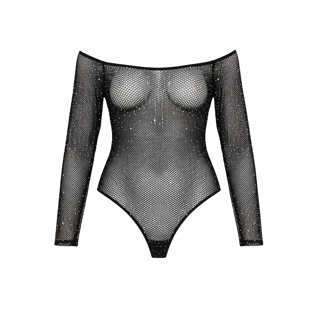 Shimmer Mesh Off-Shoulder One-Piece | Black