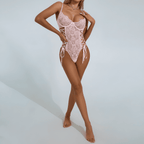 Lace Corset Ribbon Bodysuit | Pink